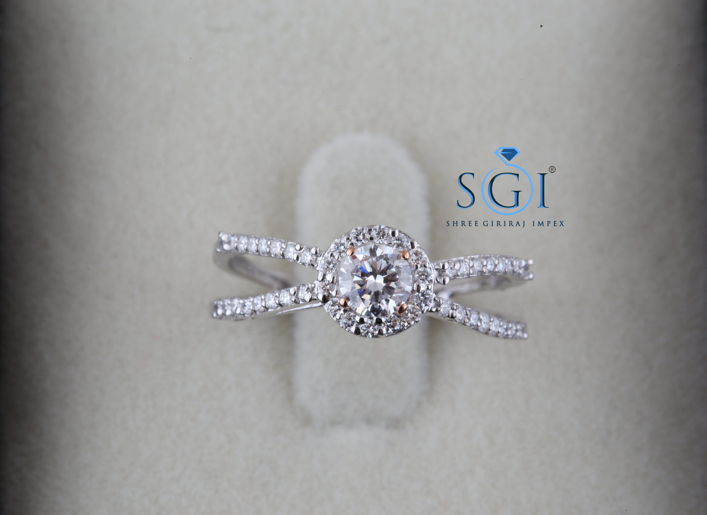 1.70ctw Moissanite Diamond 4 Claw In Rose Gold Halo Engagement Ring, Round Brilliant Diamond Ring, Crossover Band Diamond Ring For Women