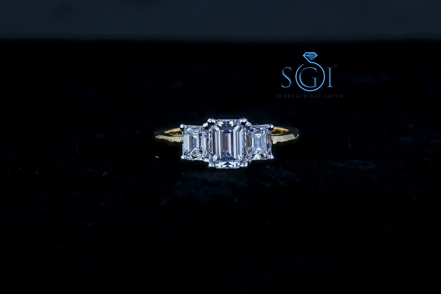 4.50ctw Moissanite Diamond Center Emerald Cut Simulated Diamond 3-Stone Wedding Ring 14K Yellow Gold Plated, Three Stone Emerald Cut Moissanite Engagement Ring, Side Moissanite Three Stone Engagement Ring