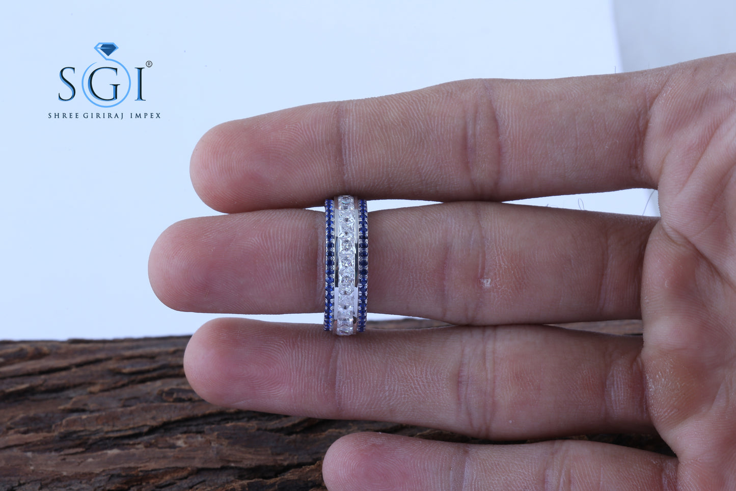 2.5ctw White Princess Cut Moissanite Art Deco Style Diamond And Round Cut Blue Stone Band, Natural Blue Multi Diamond Set Ring, Solid 14k White Gold Womens Natural Diamonds Ring