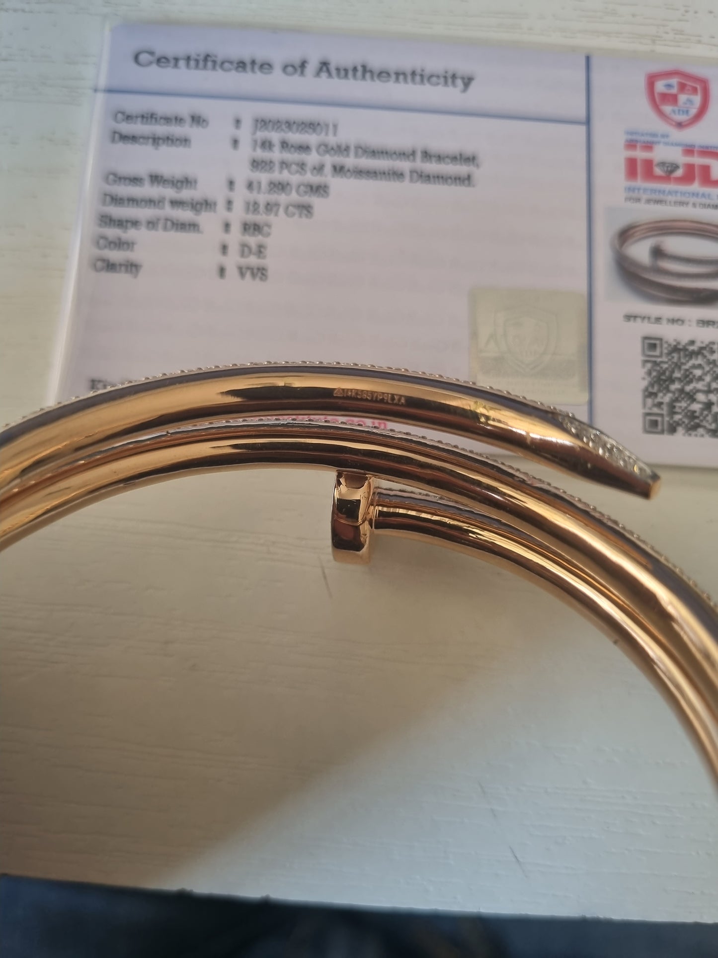41 gm 14 k Rose Gold Bracelet with 13 ct Round White Moissanite Diamond