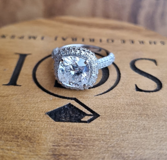 4.3 ctw White D VVS1 Cushion Shape Moissanite Engagement Ring with 18k white gold