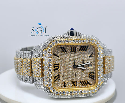 Moissanite Diamond Studied Fully Iced Out Hip-Hop Duel Tone Branded  Man's Watch