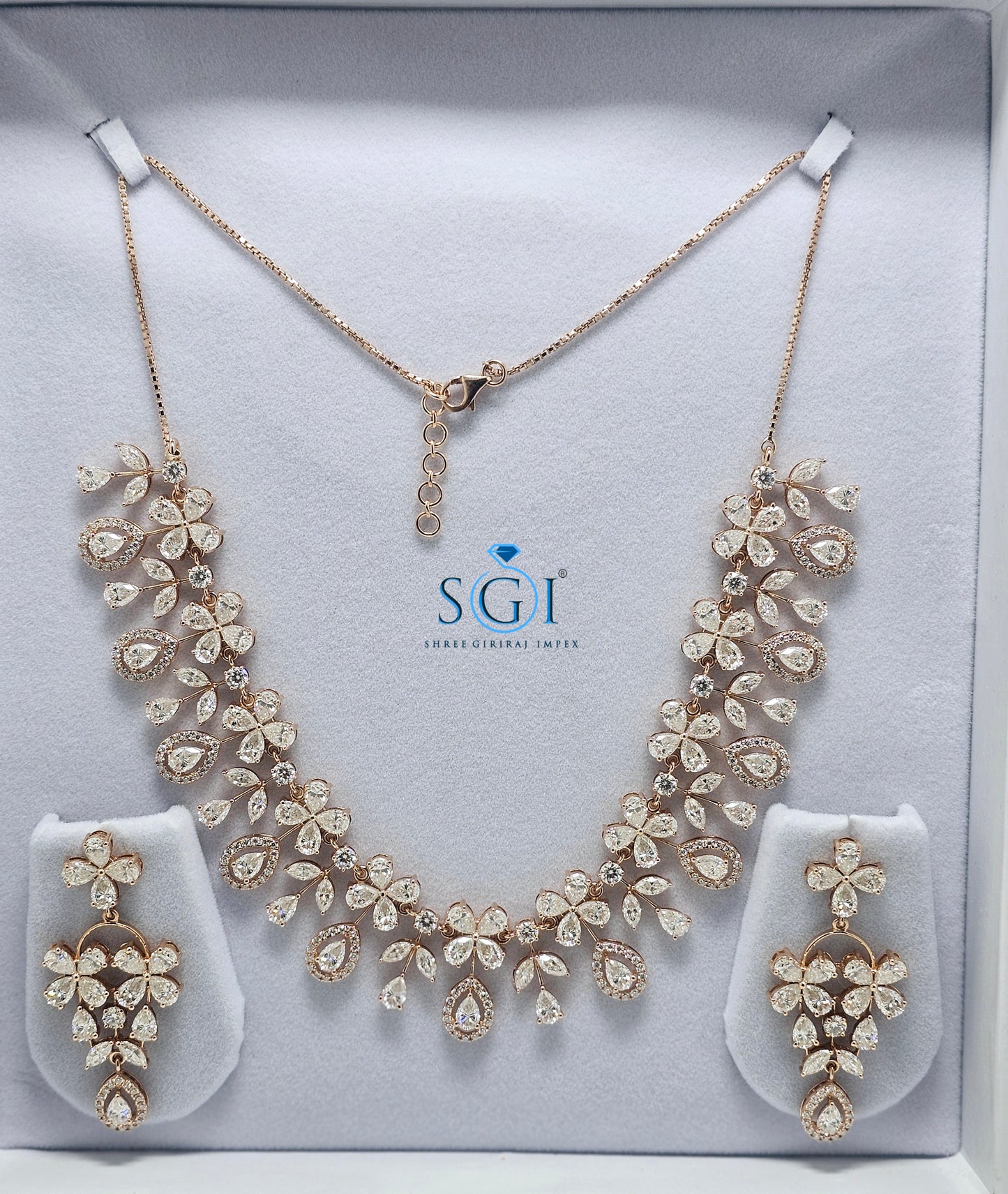 Moissanite Diamond Studded Luxurious Wedding Necklace Set With Rose Gold