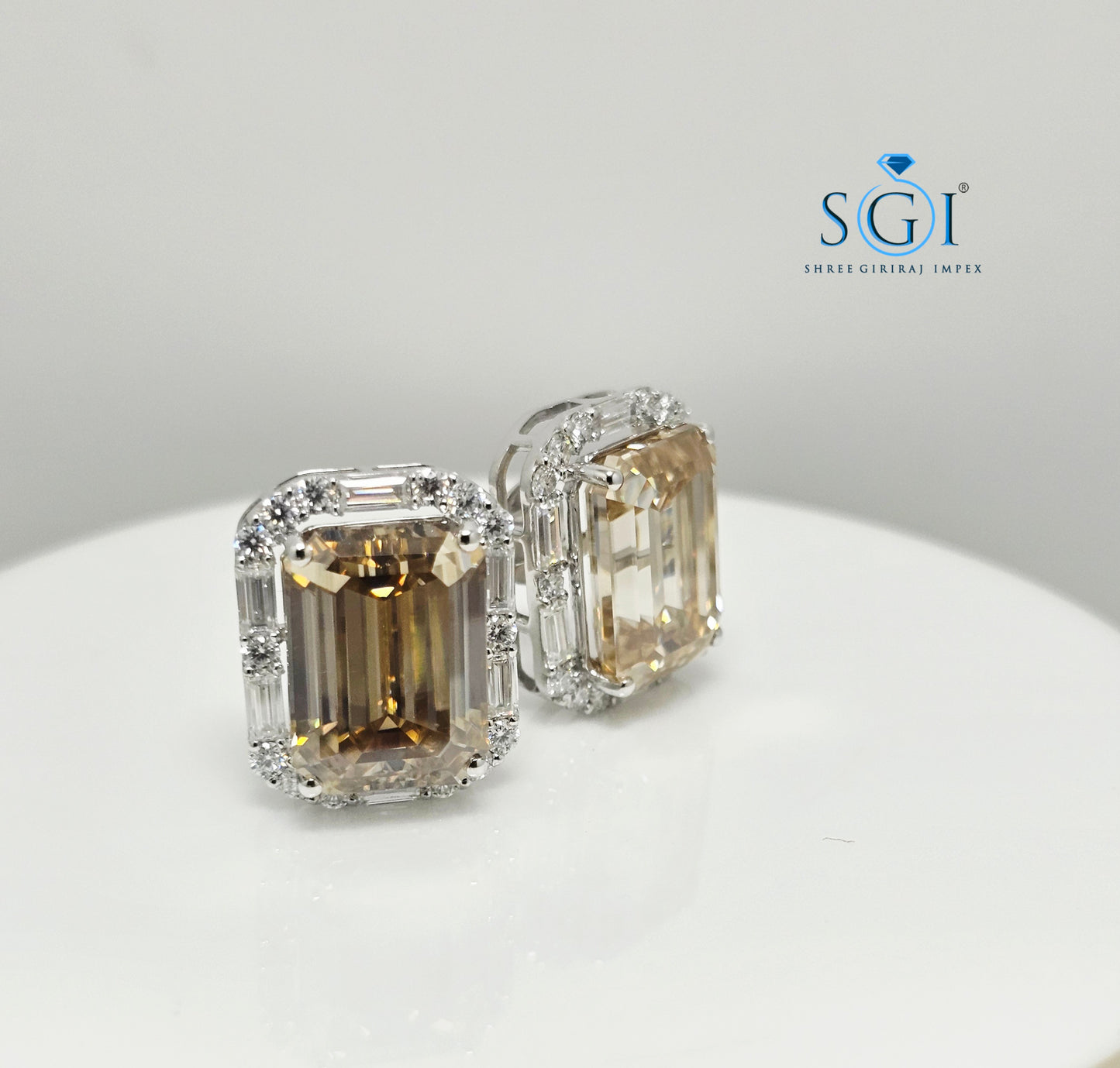 Fancy Yellow Emerald Shape Moissanite Diamond Earrings with White Accent Stones – 25ctw
