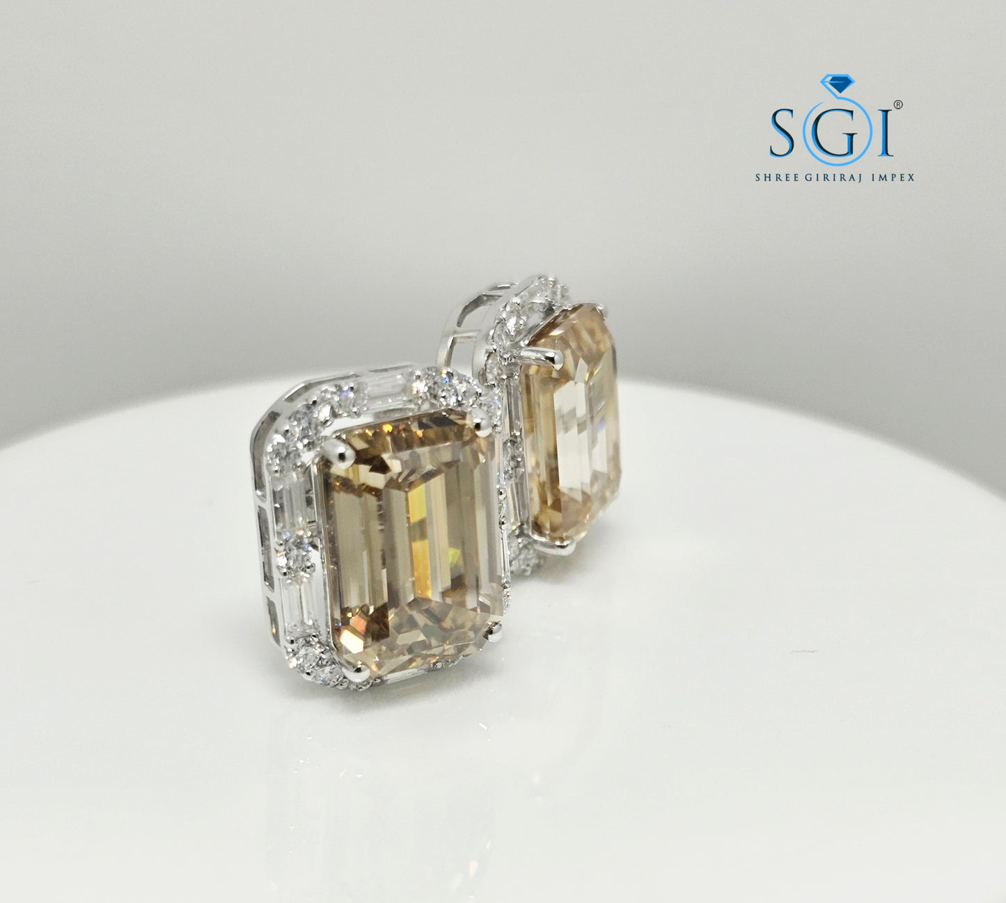 Fancy Yellow Emerald Shape Moissanite Diamond Earrings with White Accent Stones – 25ctw