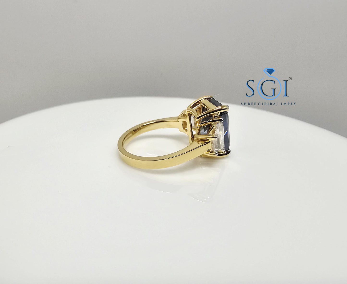18K Gold Three Stone Ring: 4.52ct Royal Blue Moissanite Engagement Jewelry