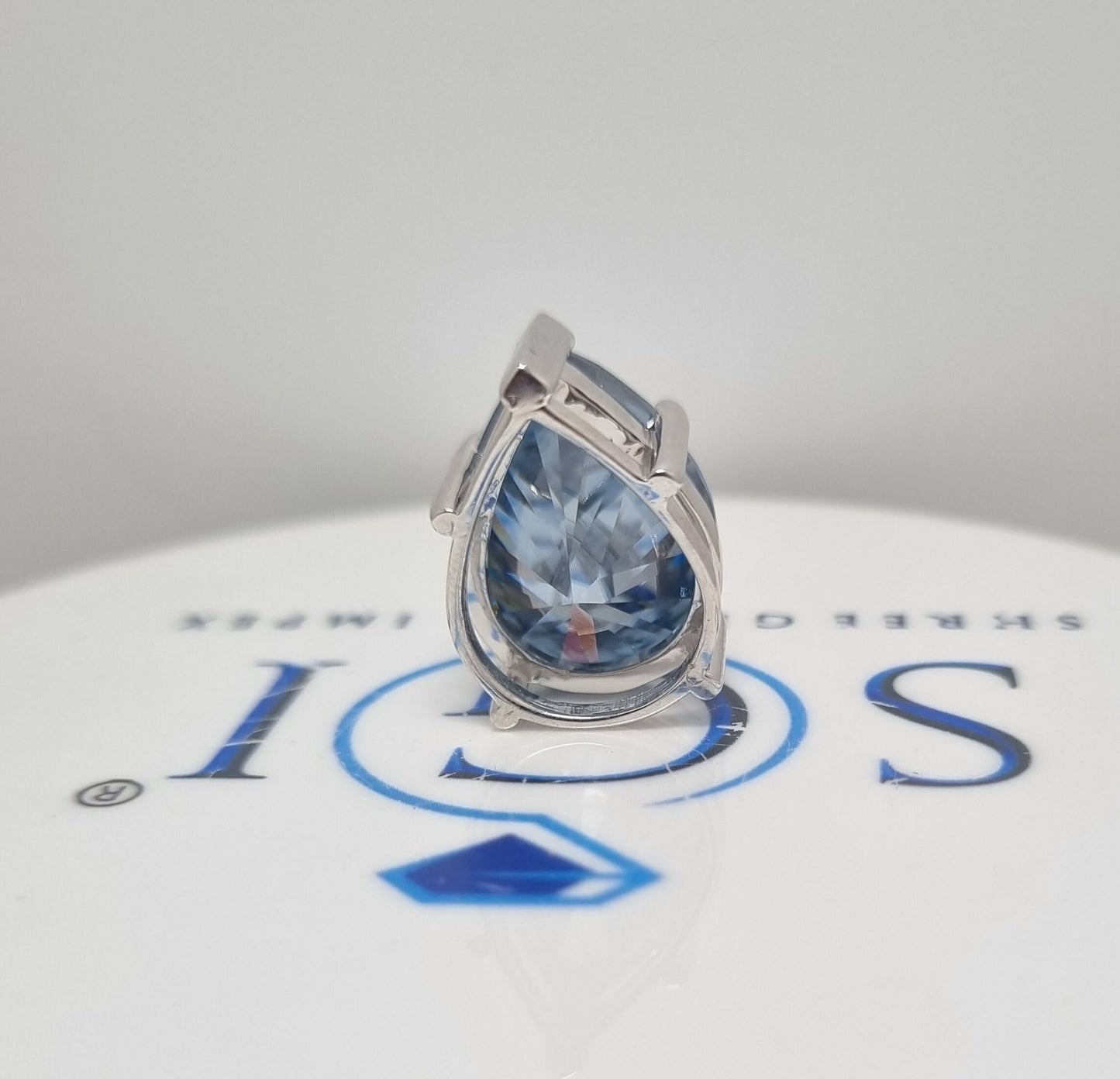 18.5ct Pear Royal Blue Moissanite Pendant: White Gold Bridal Necklace