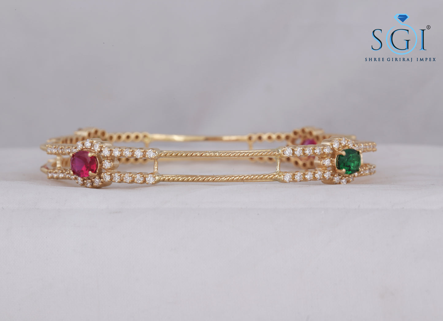 2.4mm Moissanite Diamond Round And Oval Shape Synthetic Pink And Green Stone Studded 2 Bangles Set, 14K Gold Plated Womens Bangles , Traditional Indian, Wedding Bangles, Bracelet Set, Kadas, Mix n Match