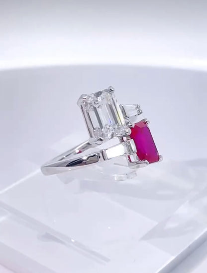 3.20ctw Emerald shape Labgrown diamond and Synthetic Ruby With 14k White Gold Engagement Ring