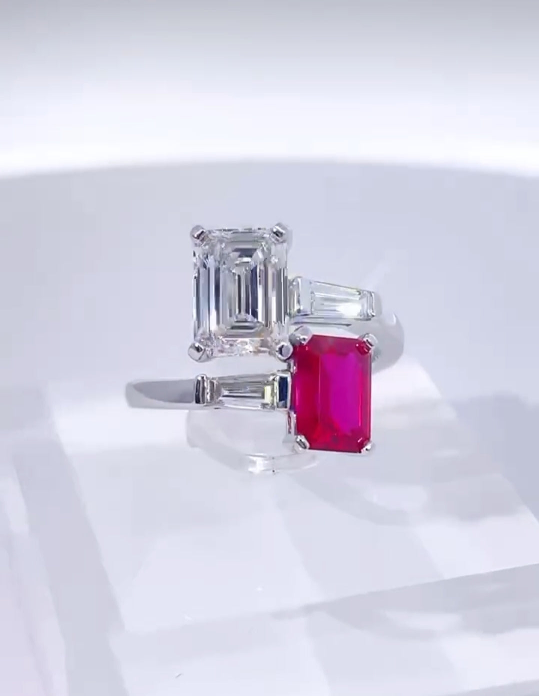 3.20ctw Emerald shape Labgrown diamond and Synthetic Ruby With 14k White Gold Engagement Ring