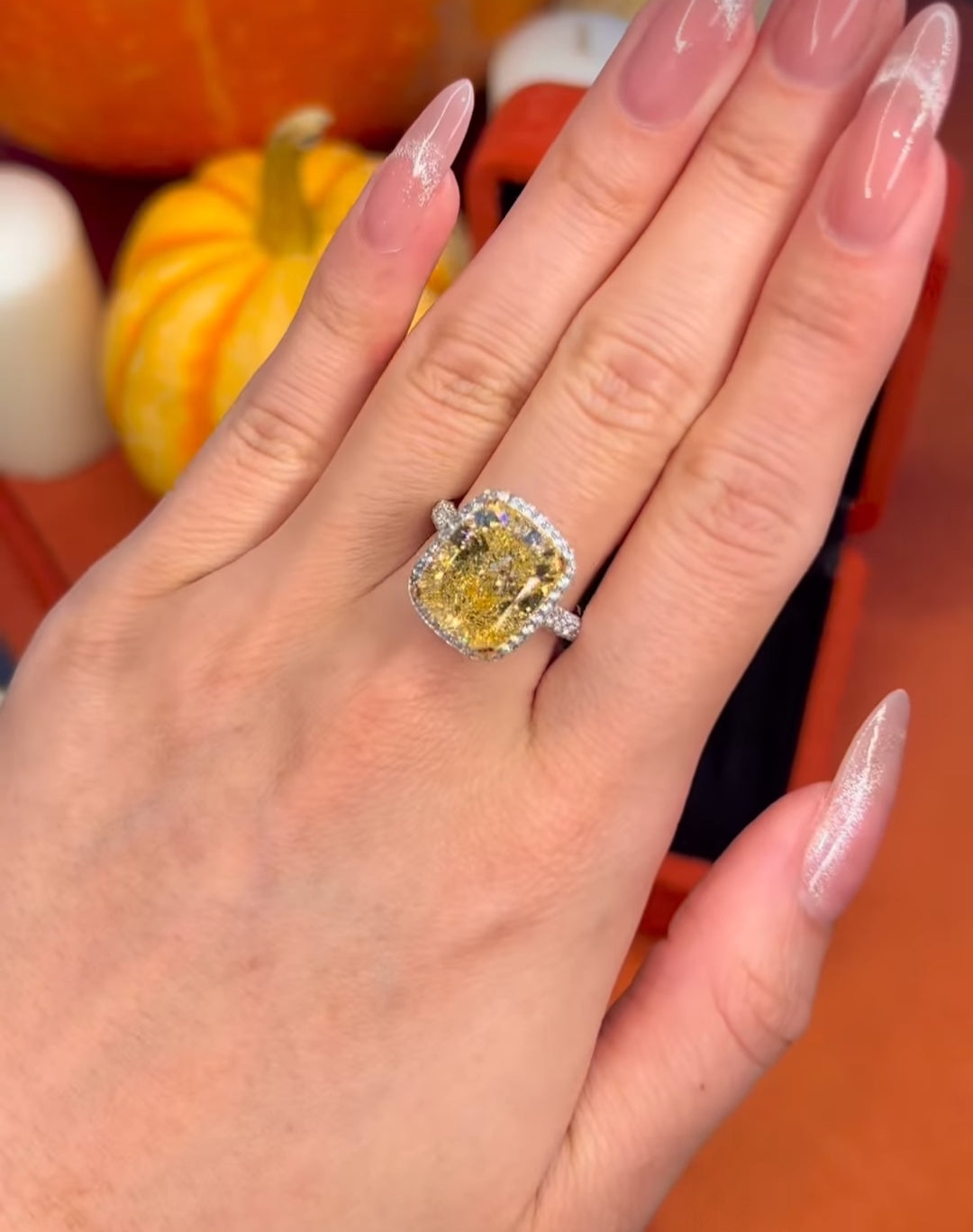 9*11 Fancy Yellow Cushion & Round White Lab grown diamond Engagement Ring with 14k White Gold