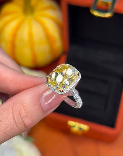 9*11 Fancy Yellow Cushion & Round White Lab grown  diamond Engagement Ring with 14k White Gold