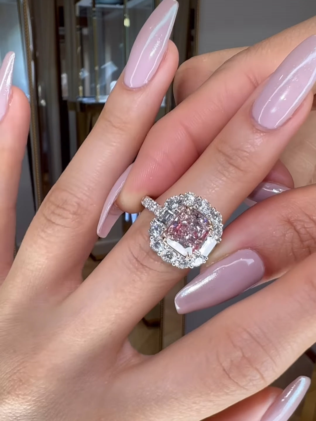 7*9mm Fancy Pink Certified & White Labgrown Diamond Ring With 14k White Gold