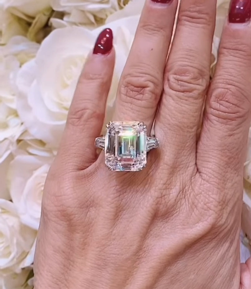 12*14 Emerald Trapazoid cut White Moissanite Diamond Engagement Ring with 14k White Gold