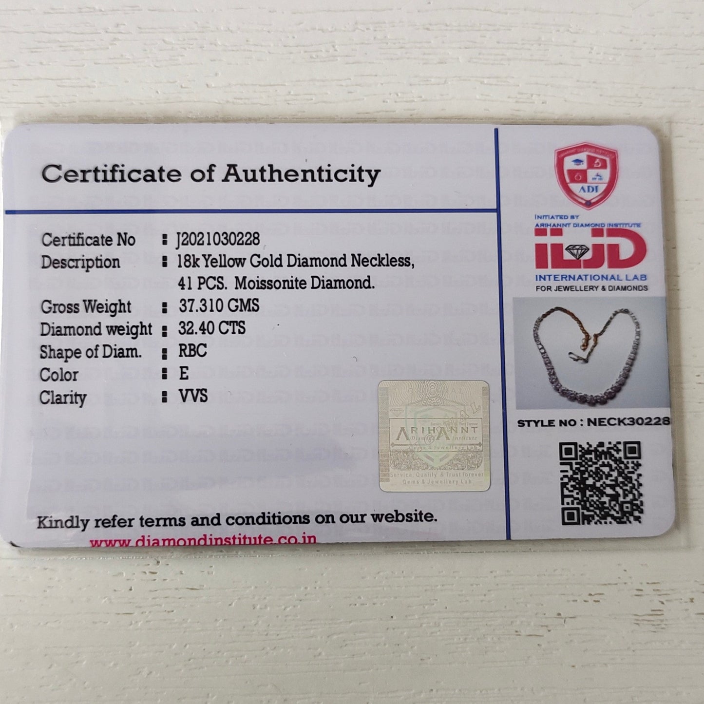 32.40 ct Round White D VVS1 Moissanite Diamone Necklace With 18k Yellow Gold