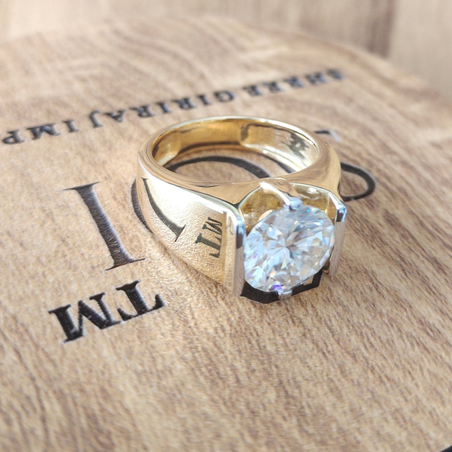5.20 Ct Round Brilliant White D VVS1 Moissanite Diamond With 14k Yellow Gold Mans Ring