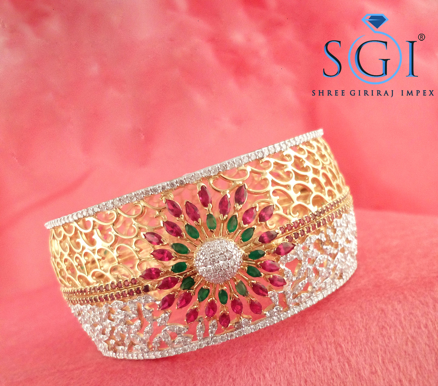 Classic Bridal Diamond Kada – Dual Tone Bangle with Green & Red Stones, Marquise & Round Cut, 15ctw