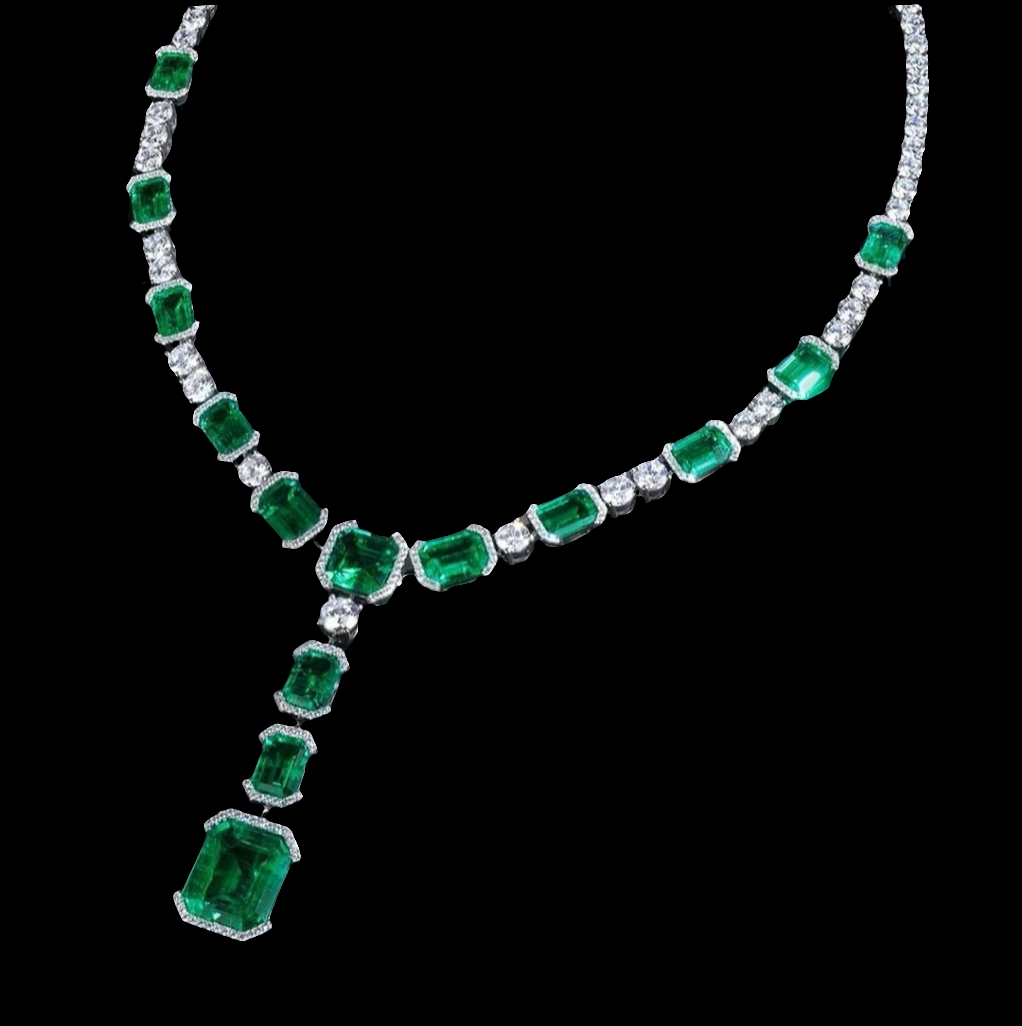 52ctw Round White Moissanite and Lab Grown Emerald Luxurios Necklace With 18k White Gold