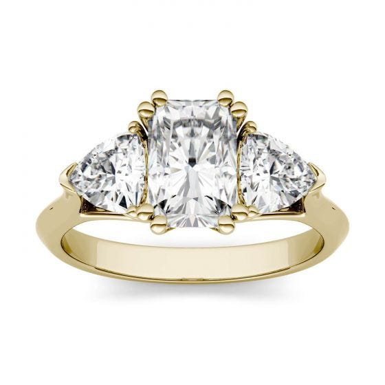 3.60CTW Radiant & Trillion Moissanite Three Stone Engagement Ring In 14K Yellow Gold