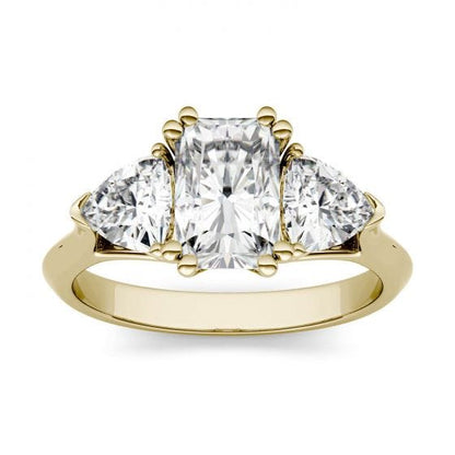 3.60CTW Radiant & Trillion Moissanite Three Stone Engagement Ring In 14K Yellow Gold