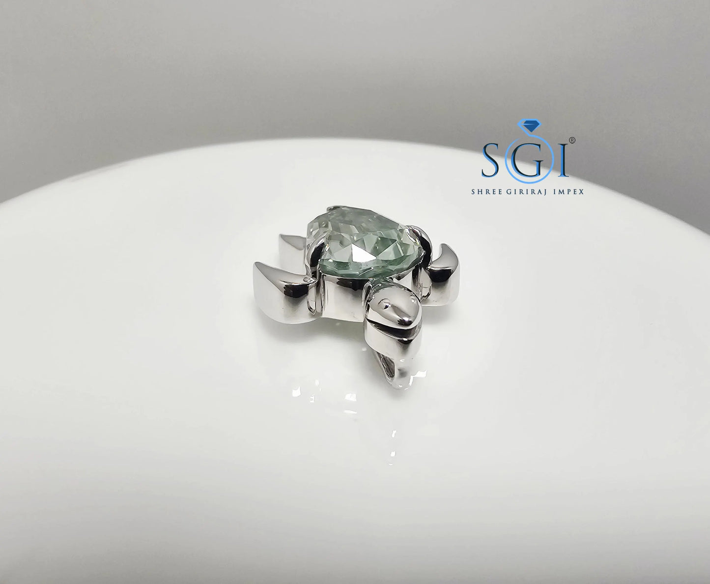 Light Green Moissanite Turtle Pendant: Step Cut Pear Shape, 6.29 Ct
