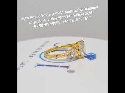 4ctw Round White D VVS1 Moissanite Diamond Engagement Ring With 14k Yellow Gold