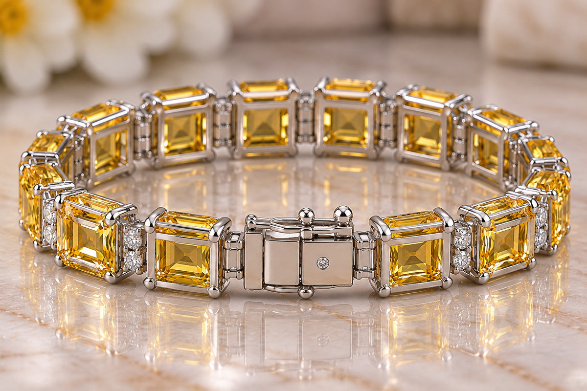 50 CTW Yellow Sapphire & White Moissanite Bracelet Asscher Cut Gemstones in 14K White Gold Luxury Fine Jewelry