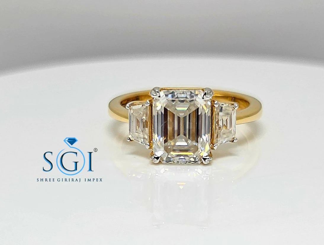 Elegant Emerald Cut Moissanite Engagement Ring – 3-Stone Yellow Gold Setting