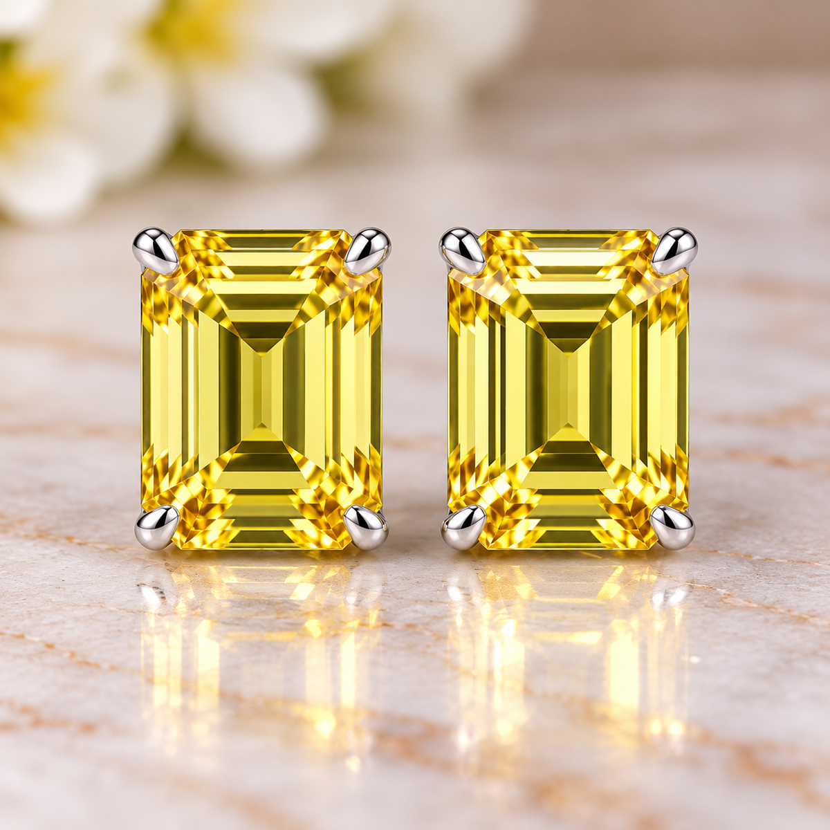 6 CTW Yellow Lab-Grown Sapphire Stud Earrings 9x7mm Emerald Cut  925 Sterling Silver Luxury Gemstone Earrings