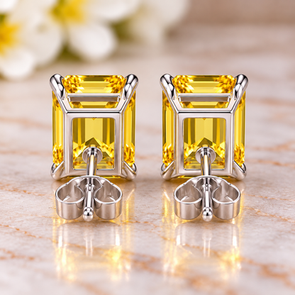 6 CTW Yellow Lab-Grown Sapphire Stud Earrings 9x7mm Emerald Cut  925 Sterling Silver Luxury Gemstone Earrings