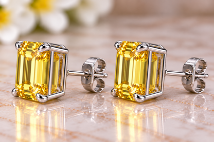 6 CTW Yellow Lab-Grown Sapphire Stud Earrings 9x7mm Emerald Cut  925 Sterling Silver Luxury Gemstone Earrings