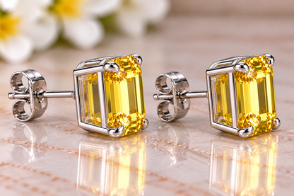 6 CTW Yellow Lab-Grown Sapphire Stud Earrings 9x7mm Emerald Cut  925 Sterling Silver Luxury Gemstone Earrings
