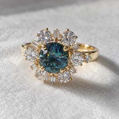 4.20 CTW Blue & White Moissanite Cocktail Ring in 14K Yellow Gold Portuguese Cut Luxury Designer Ring