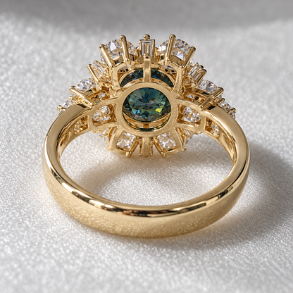 4.20 CTW Blue & White Moissanite Cocktail Ring in 14K Yellow Gold Portuguese Cut Luxury Designer Ring