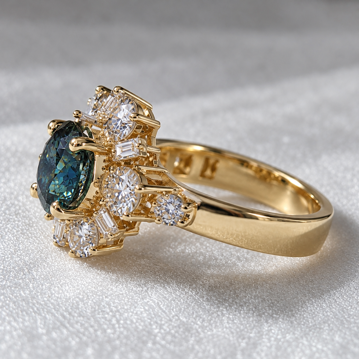 4.20 CTW Blue & White Moissanite Cocktail Ring in 14K Yellow Gold Portuguese Cut Luxury Designer Ring