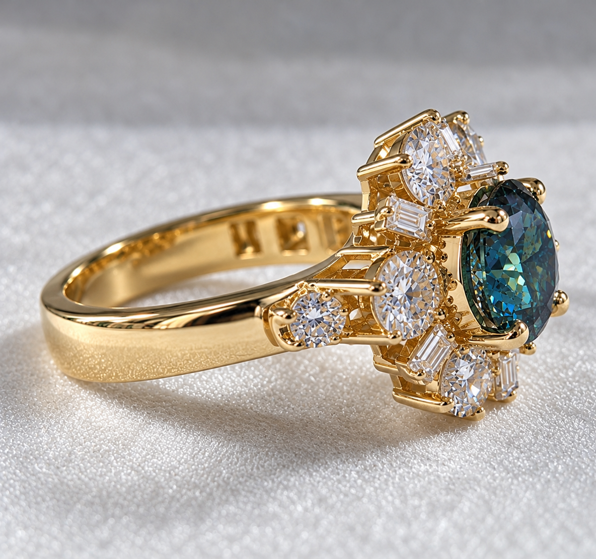 4.20 CTW Blue & White Moissanite Cocktail Ring in 14K Yellow Gold Portuguese Cut Luxury Designer Ring