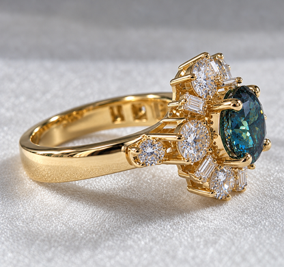 4.20 CTW Blue & White Moissanite Cocktail Ring in 14K Yellow Gold Portuguese Cut Luxury Designer Ring