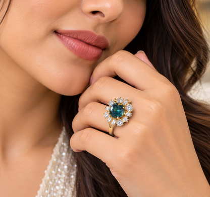 4.20 CTW Blue & White Moissanite Cocktail Ring in 14K Yellow Gold Portuguese Cut Luxury Designer Ring
