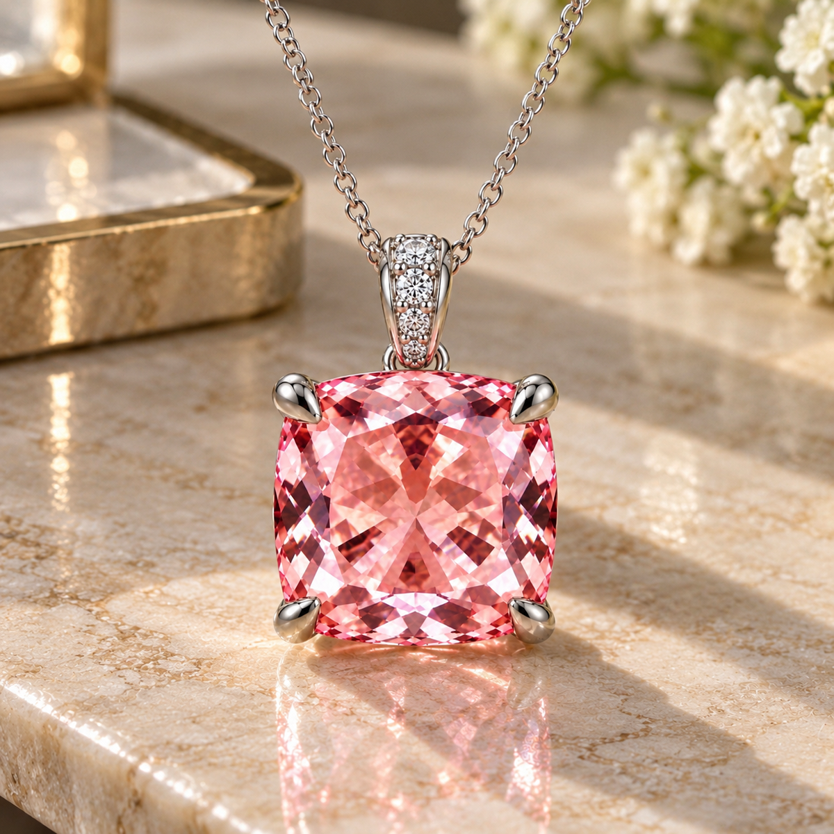 3.5 CT Pink Lab-Grown Sapphire Pendant with 0.10 CT Moissanite Accents in 14K White Gold