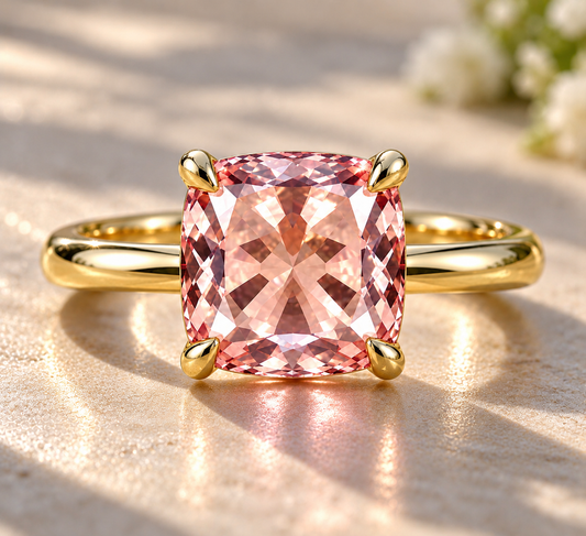 3.5 CT Pink Lab-Grown Sapphire Ring 8mm Cushion Cut 14k Yellow Gold Luxury Gemstone Jewelry