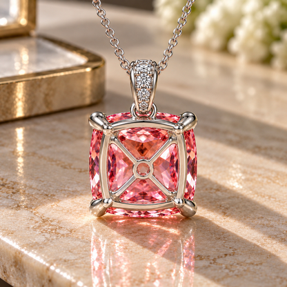 3.5 CT Pink Lab-Grown Sapphire Pendant with 0.10 CT Moissanite Accents in 14K White Gold