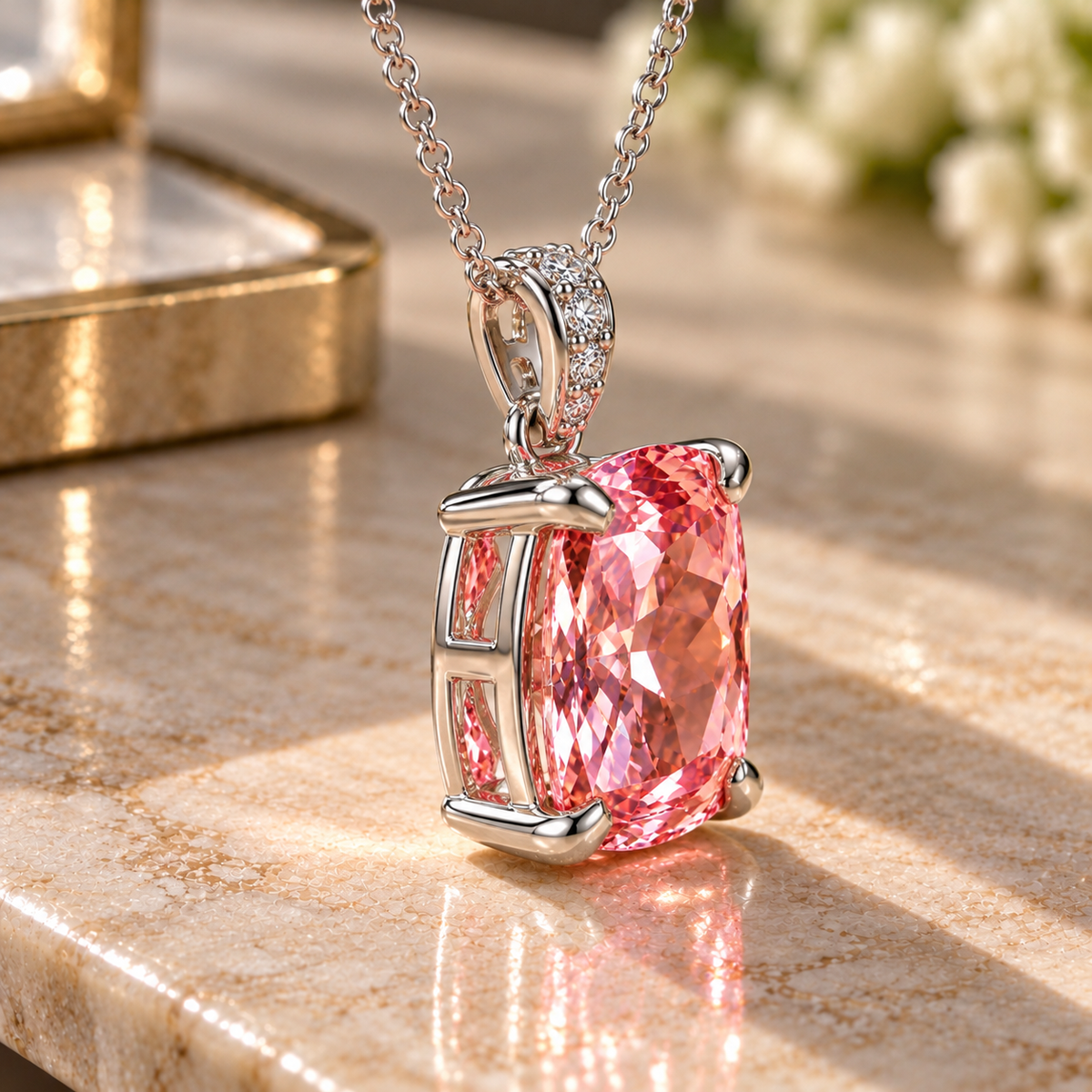 3.5 CT Pink Lab-Grown Sapphire Pendant with 0.10 CT Moissanite Accents in 14K White Gold
