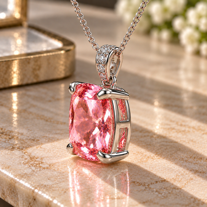 3.5 CT Pink Lab-Grown Sapphire Pendant with 0.10 CT Moissanite Accents in 14K White Gold