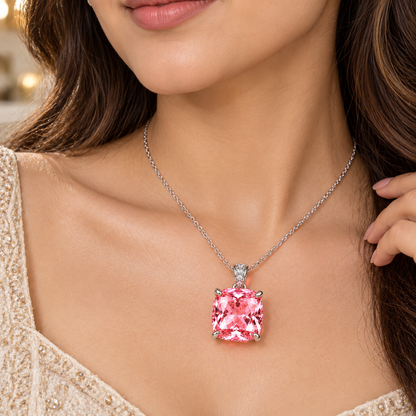 3.5 CT Pink Lab-Grown Sapphire Pendant with 0.10 CT Moissanite Accents in 14K White Gold