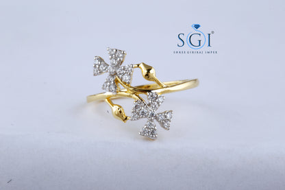 1.50ctw EF VVS VS Lab Grown Round Cut Diamond Twin Flowers Diamond Ring, Floral Pattern Diamond Rings In 14K Yellow God For Ladies, Bridal Ring Collection For Womens