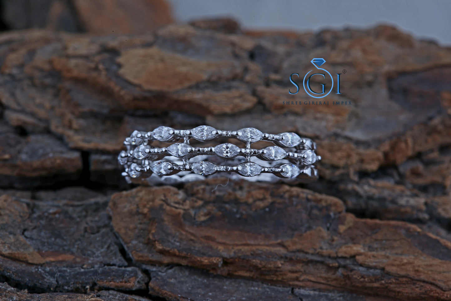 0.99ctw 2.4MM Alternating  Marquise Shape Cut Three Layer Moissanite Wedding Band Womens Moissanite Wedding Band Solid 14K White Gold Promise Ring