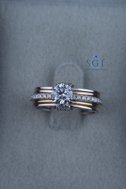 2ctw Moissanite Round Cut Diamond Ring Set, Two Tone Ring Set Solitaire With Side Accent Moissanite Rings In 18K White And Yellow Gold
