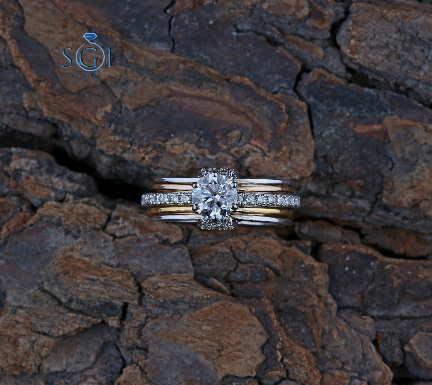 2ctw Moissanite Round Cut Diamond Ring Set, Two Tone Ring Set Solitaire With Side Accent Moissanite Rings In 18K White And Yellow Gold
