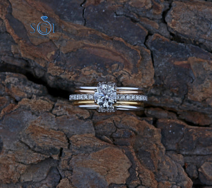 2ctw Moissanite Round Cut Diamond Ring Set, Two Tone Ring Set Solitaire With Side Accent Moissanite Rings In 18K White And Yellow Gold