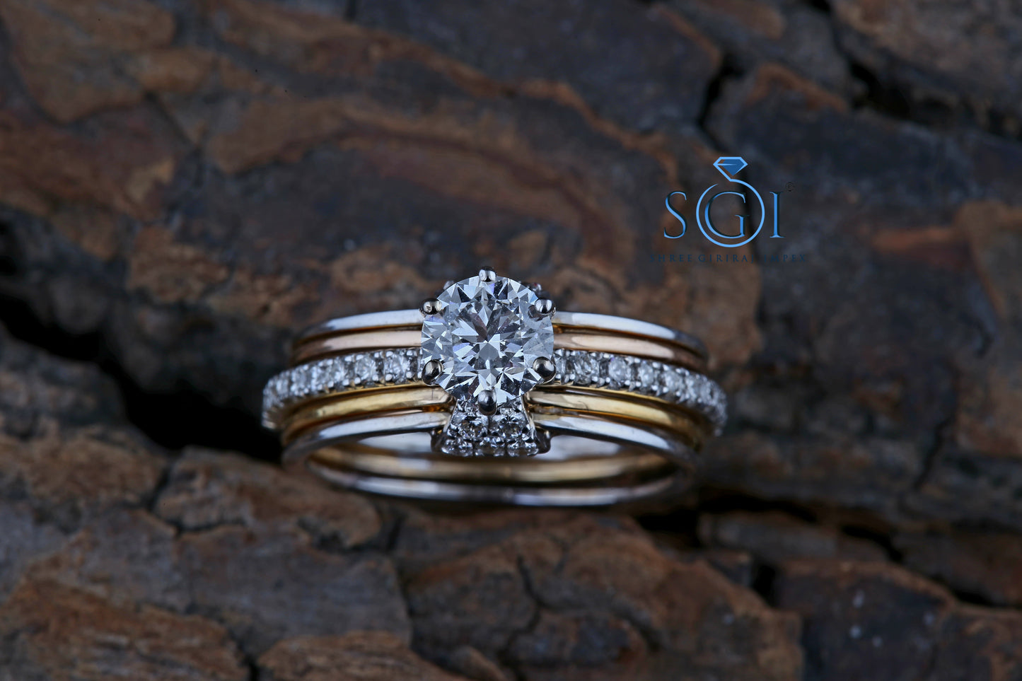 2ctw Moissanite Round Cut Diamond Ring Set, Two Tone Ring Set Solitaire With Side Accent Moissanite Rings In 18K White And Yellow Gold